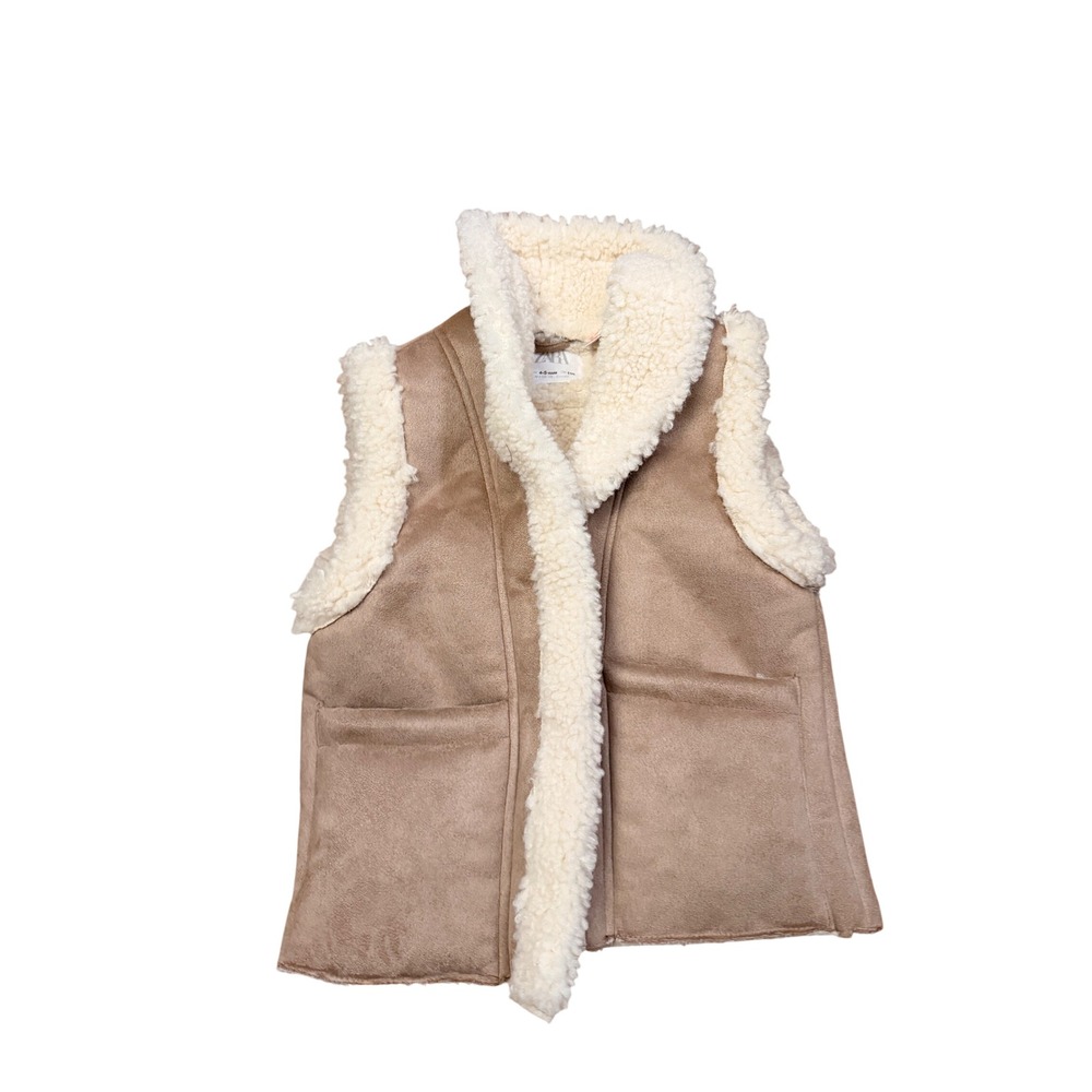 Zara Kids Faux Suede Shearling‎ Vest Tan Beige Sherpa Trim Size 4-5 Years NWOT